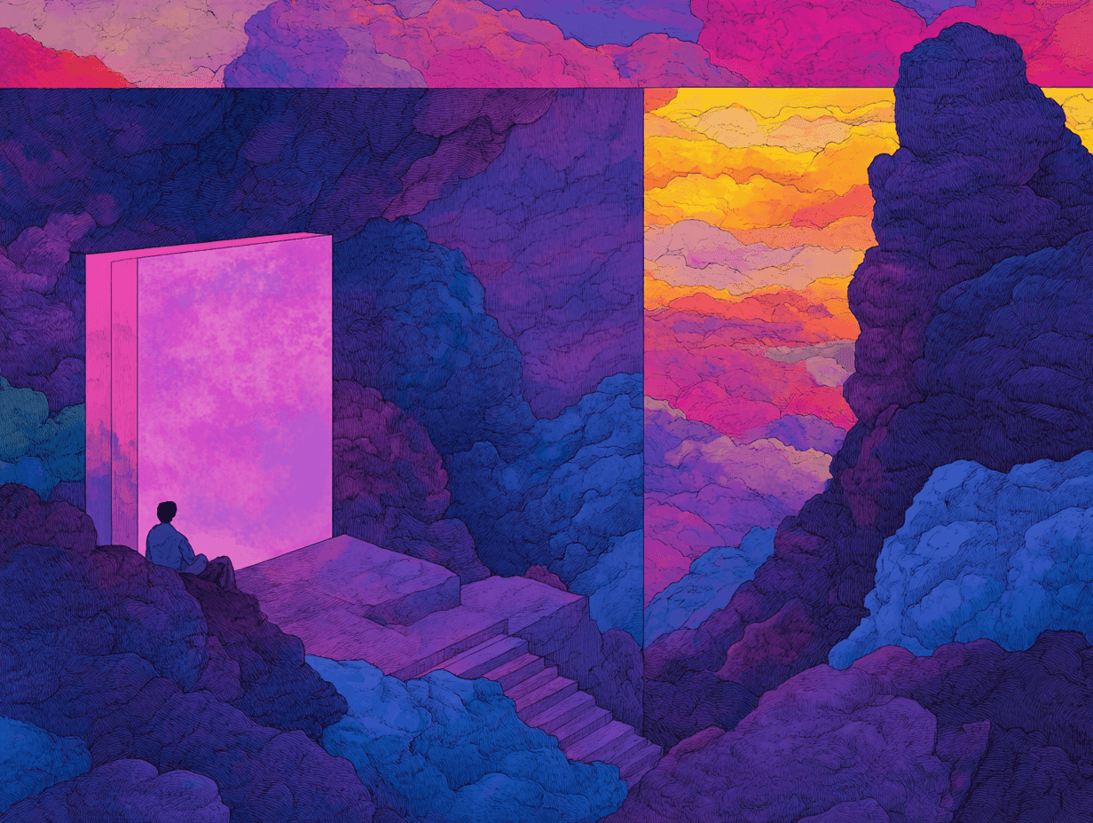 Person reflects near a mystical glowing doorway.