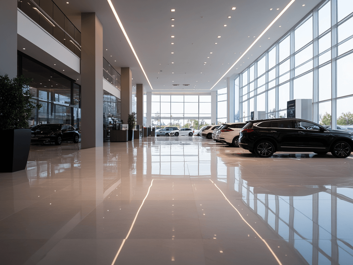 Spacious car dealership showroom with modern vehicles.