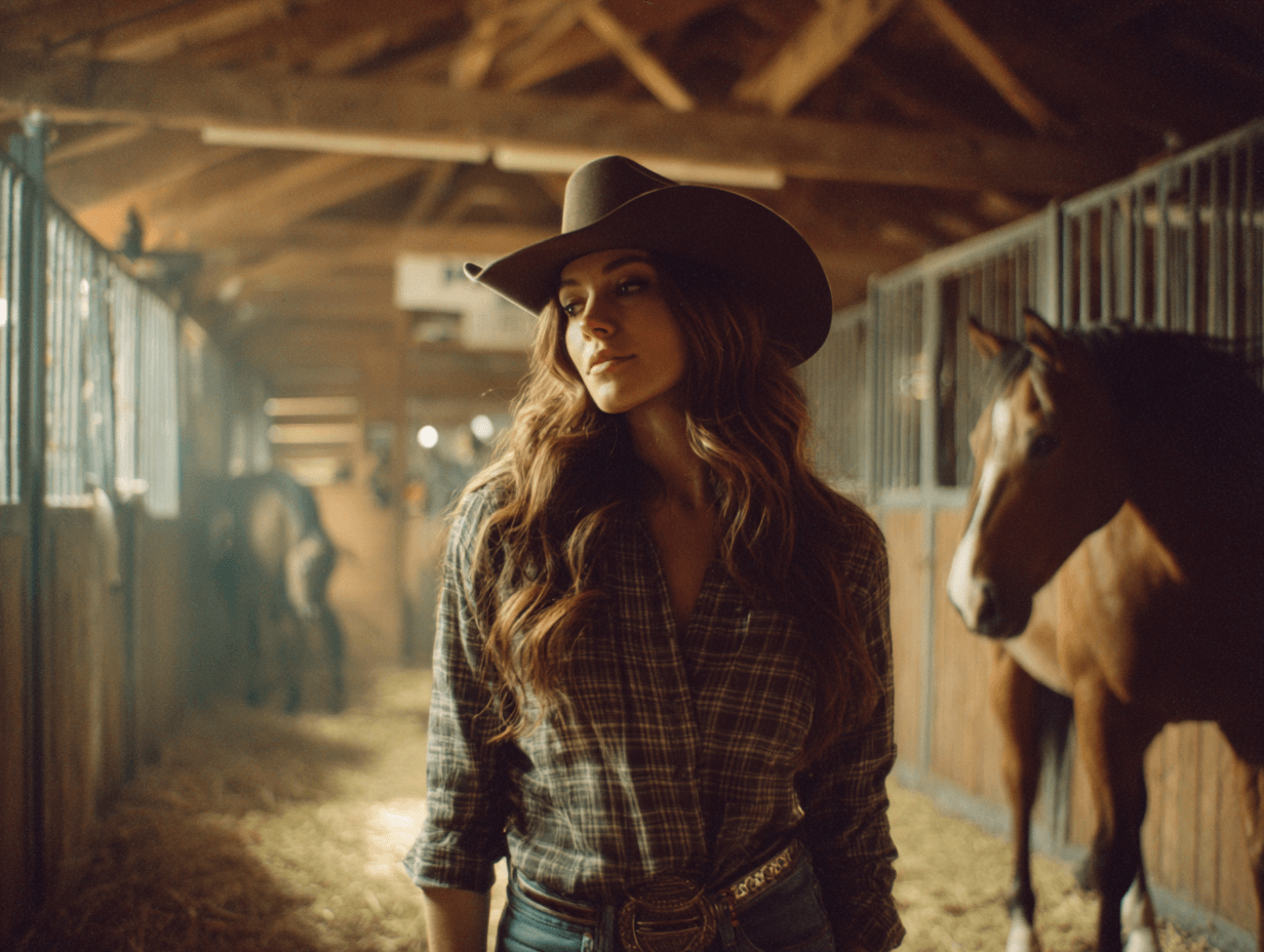 Cowgirl in barn with horse.