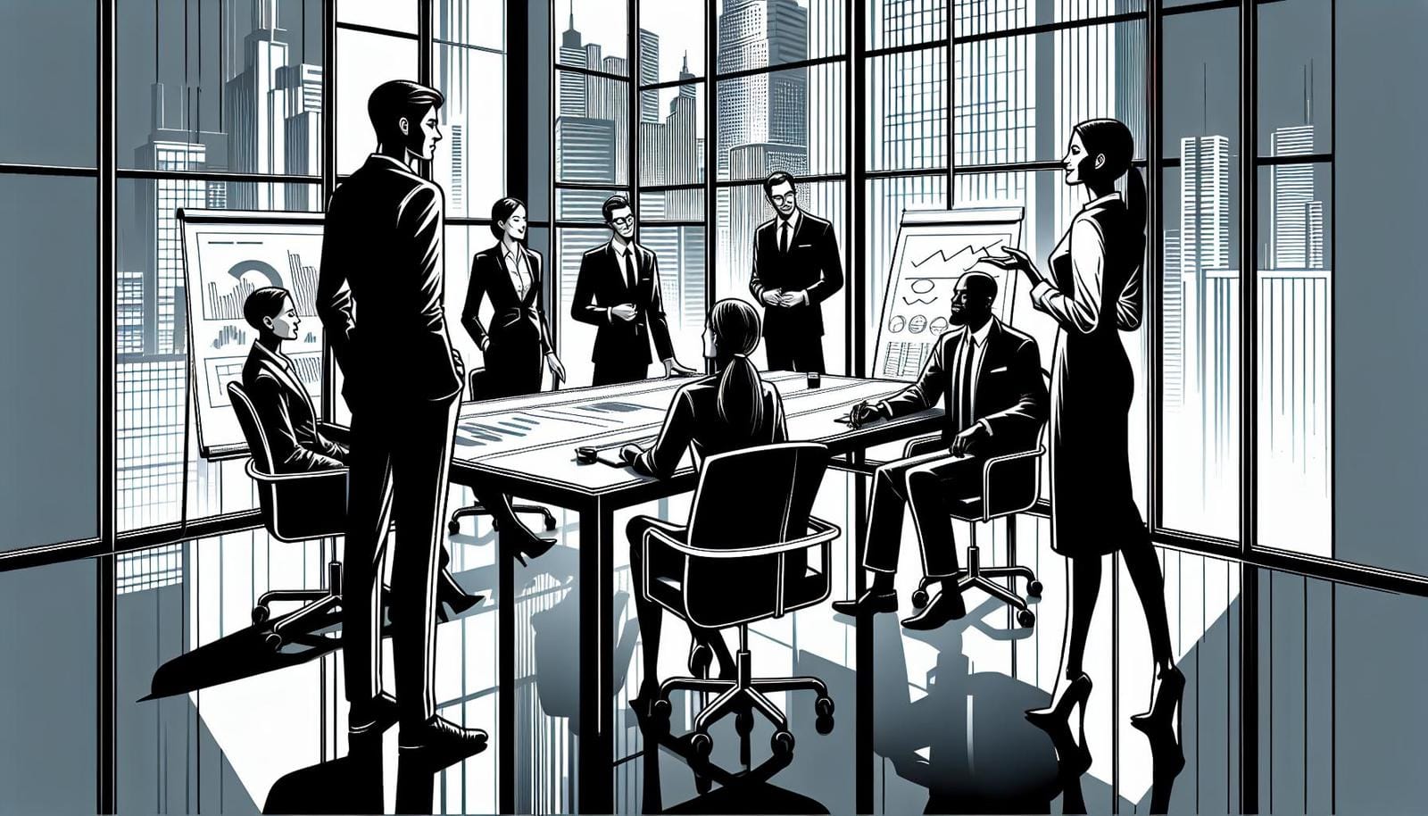 Business team meeting in office with city view.