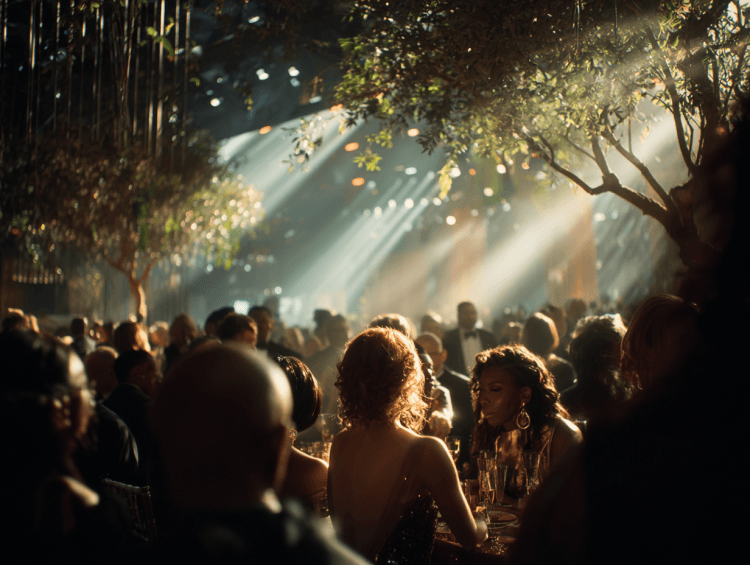 Elegant evening event with guests and trees