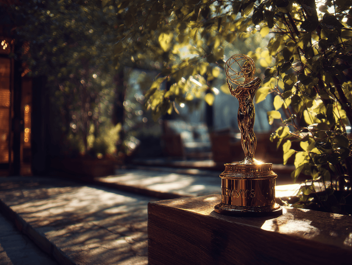 Emmy award trophy on wooden ledge outdoors.
