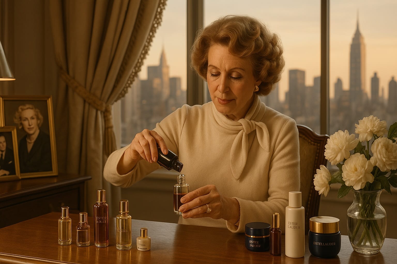 Woman preparing cosmetic products, city skyline behind.