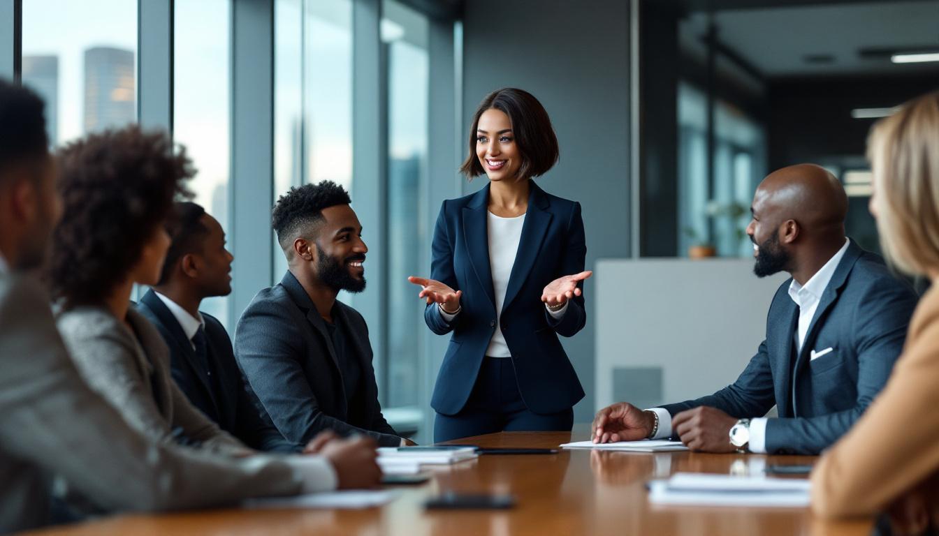 Business meeting with diverse professionals discussing strategies.
