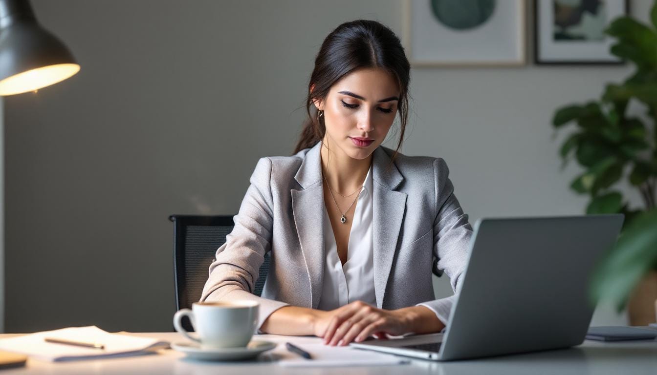 Woman working on laptop in office