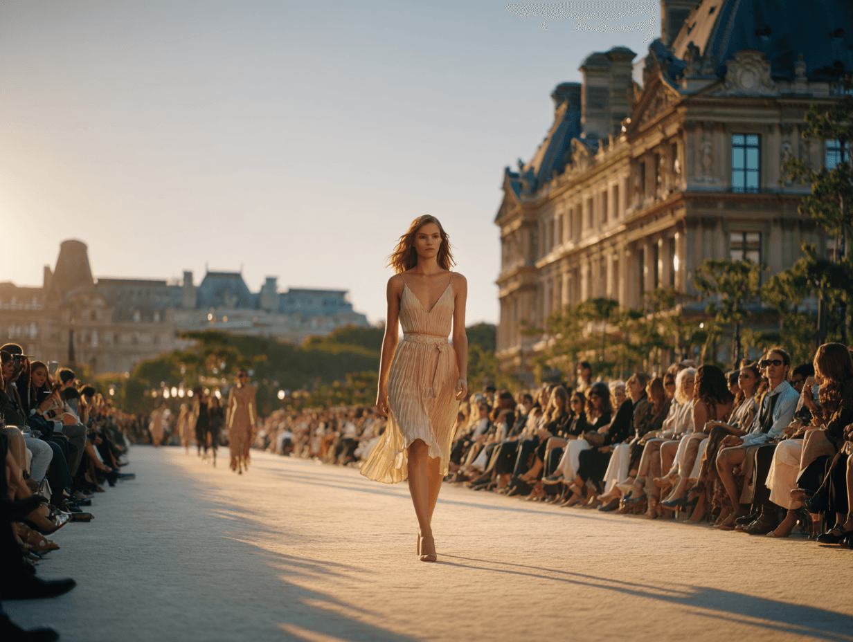 Model walking runway in elegant dress at fashion show.