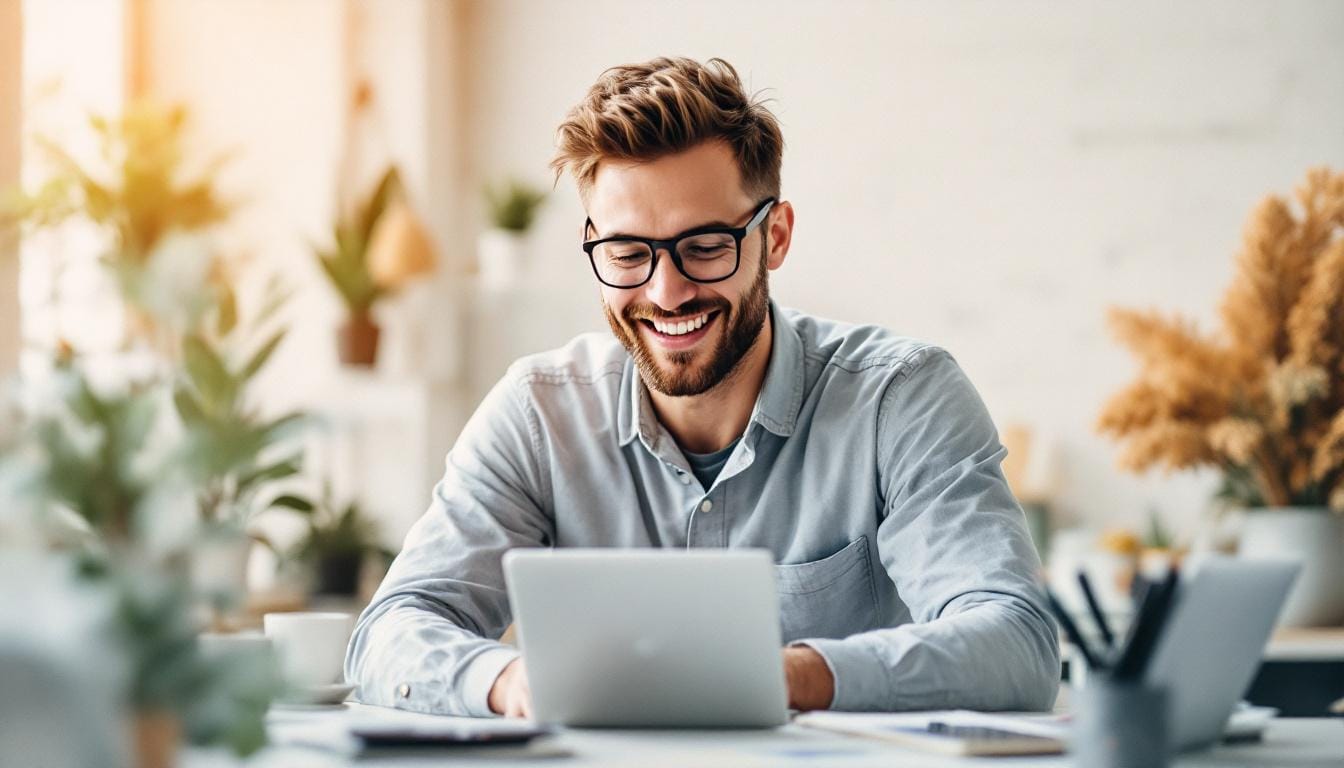 Person smiling while working on a laptop at home.