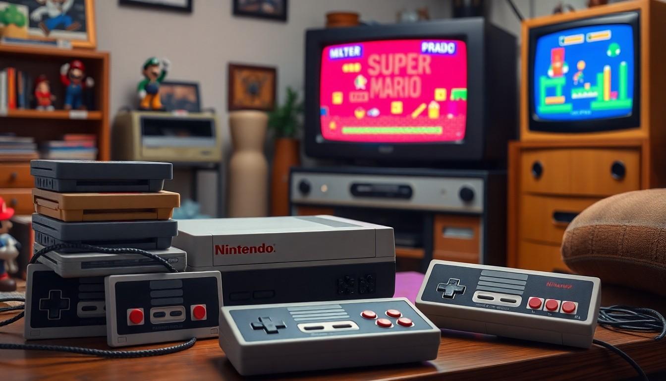 Classic Nintendo console and controllers in living room.