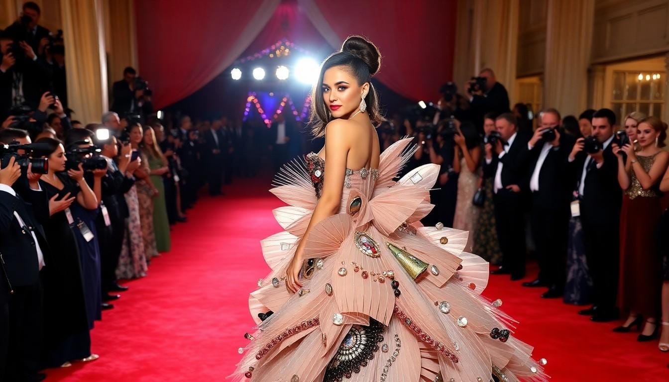 Woman in artistic dress on red carpet event.