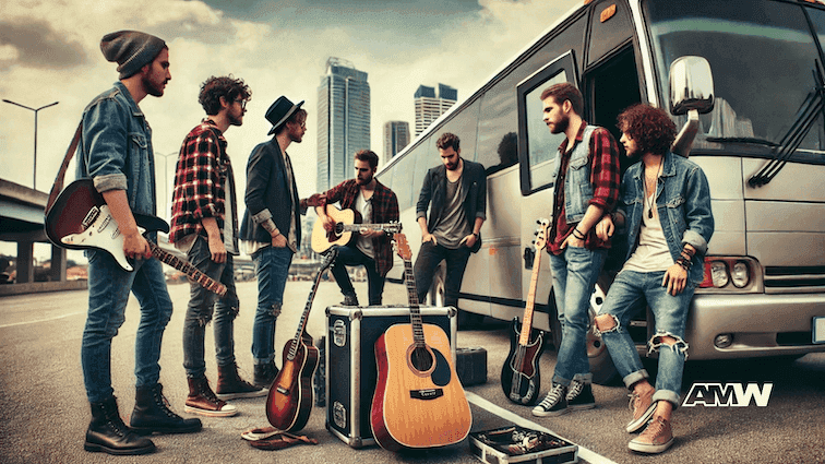 Band with guitars outside tour bus in city.