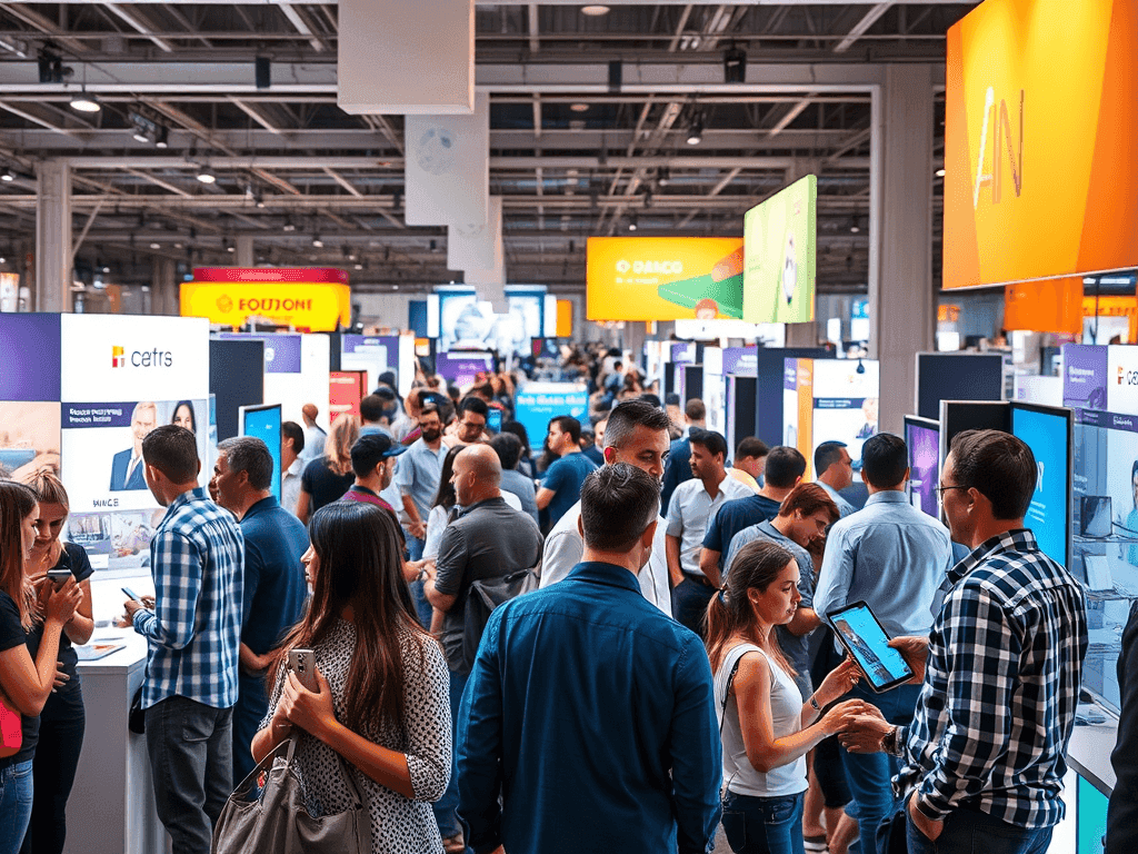 Crowded trade show with various booths and visitors.