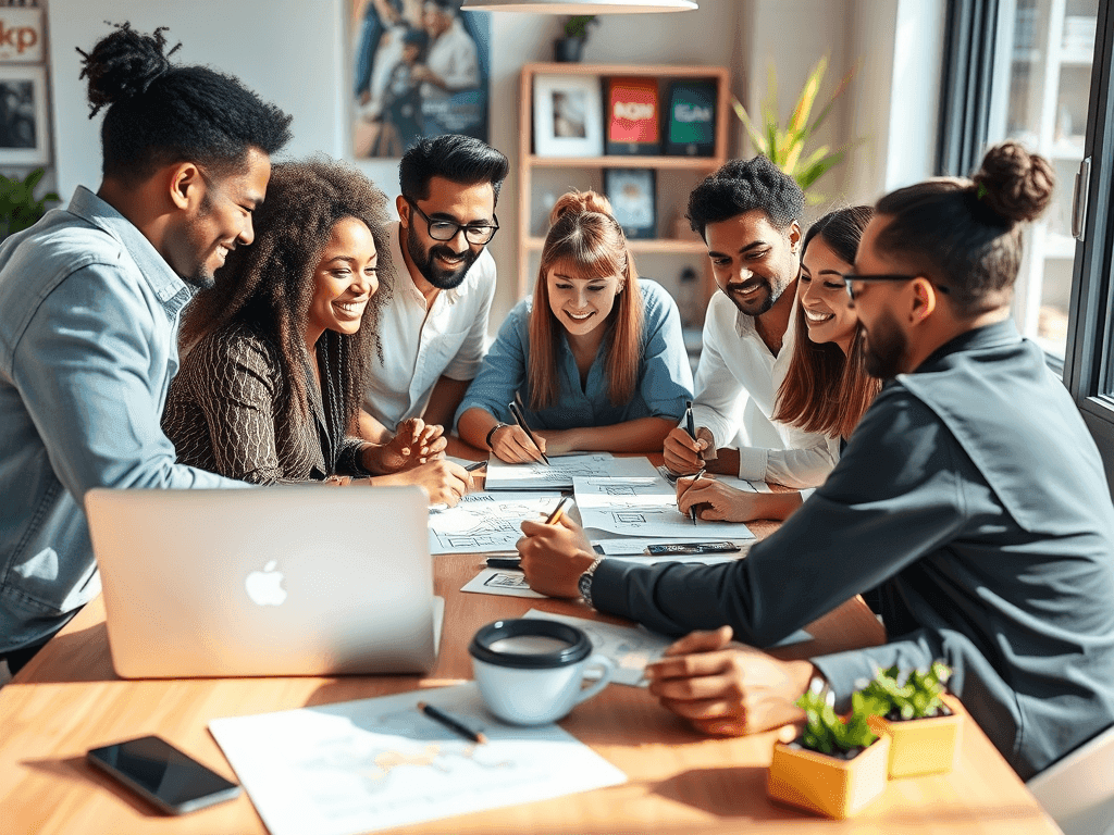 Diverse team collaborating in modern office.