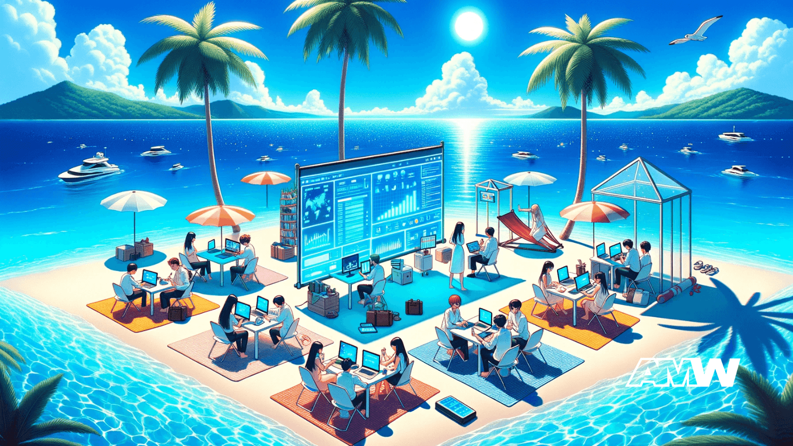 Digital office, beach.