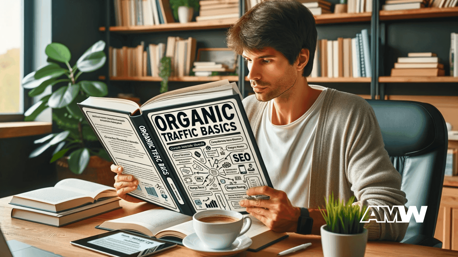 Man reads book.