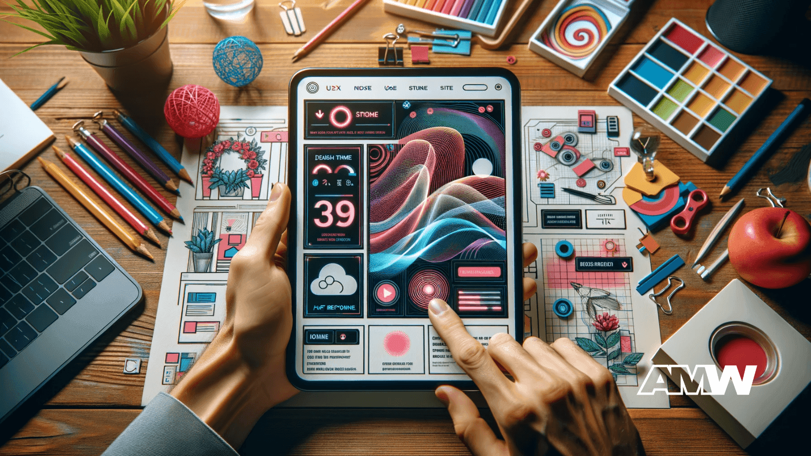 Screen, hands, desk.