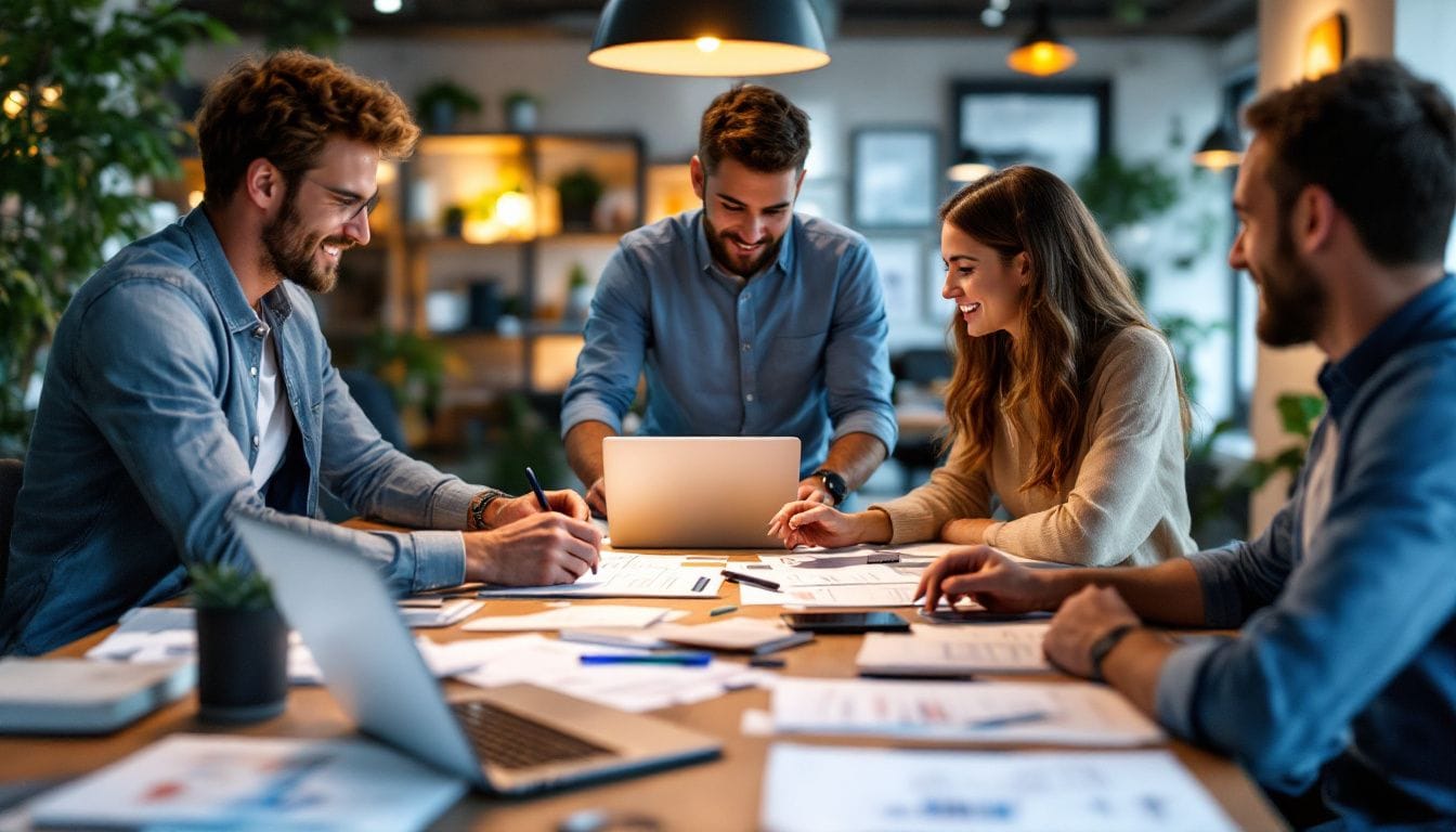 A photograph of a dynamic public relations team in action