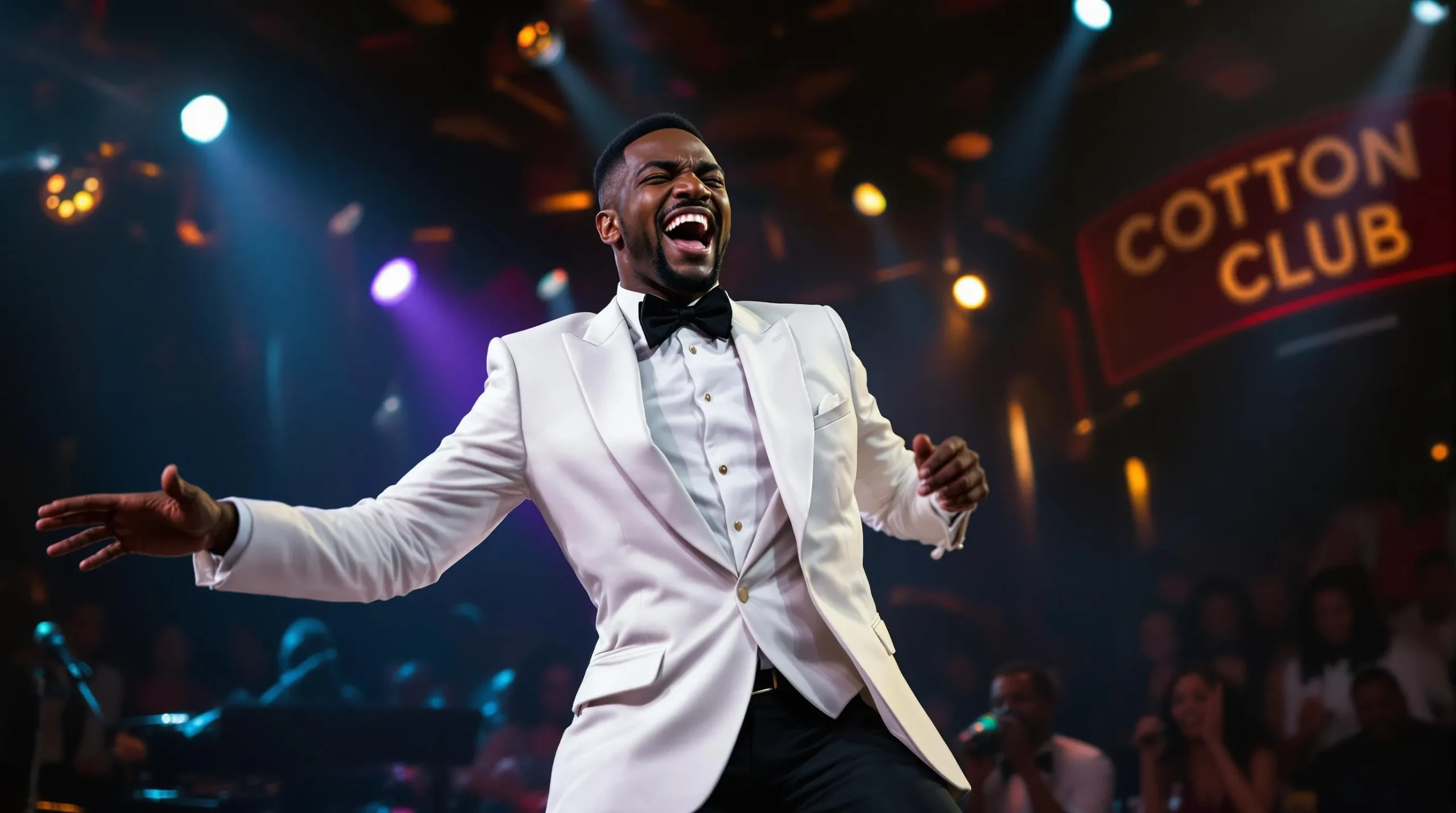 Performer in white tuxedo at Cotton Club stage