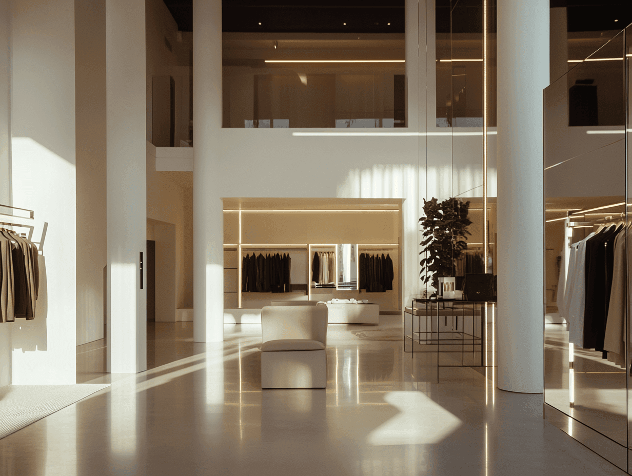 Modern minimalist fashion boutique interior with natural light.
