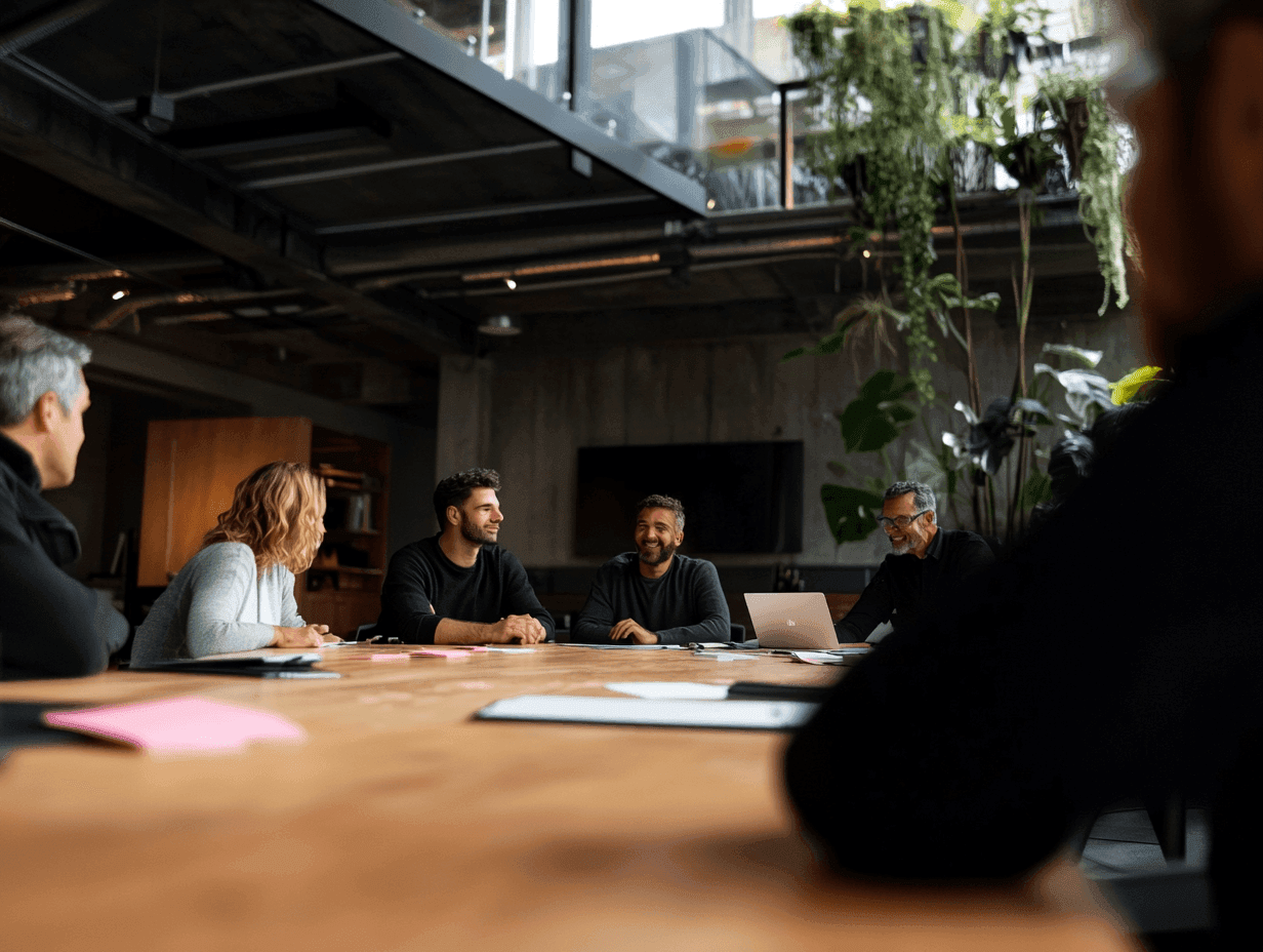 Team meeting in modern office with plants