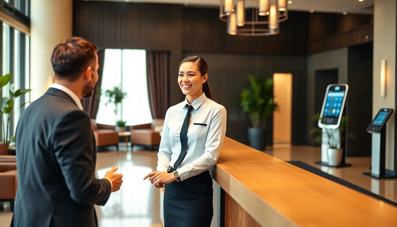 Hotel receptionist smiling at a guest