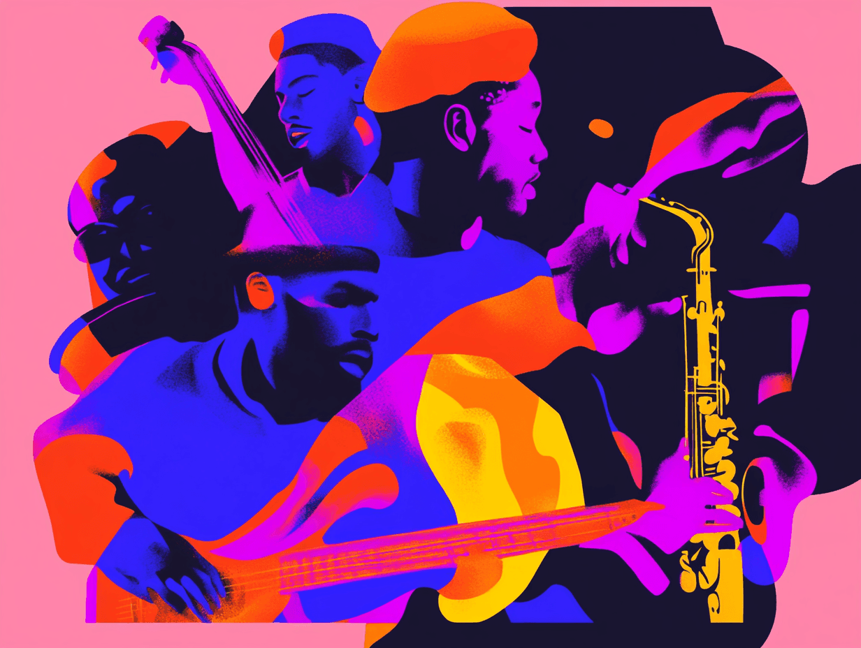 Colorful jazz musicians playing instruments.