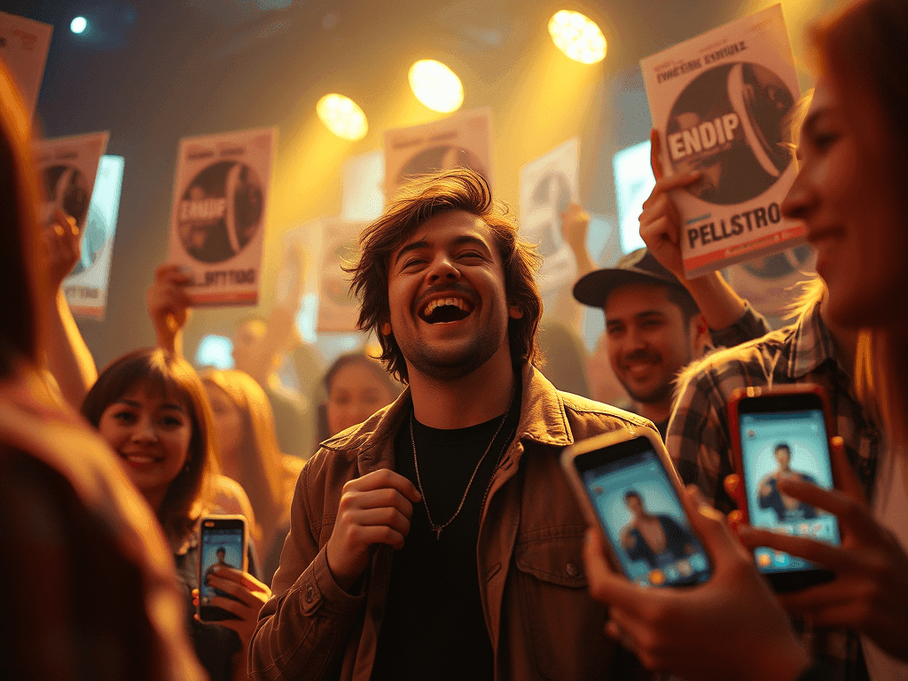 Cheerful crowd enjoying concert with phones and flyers.