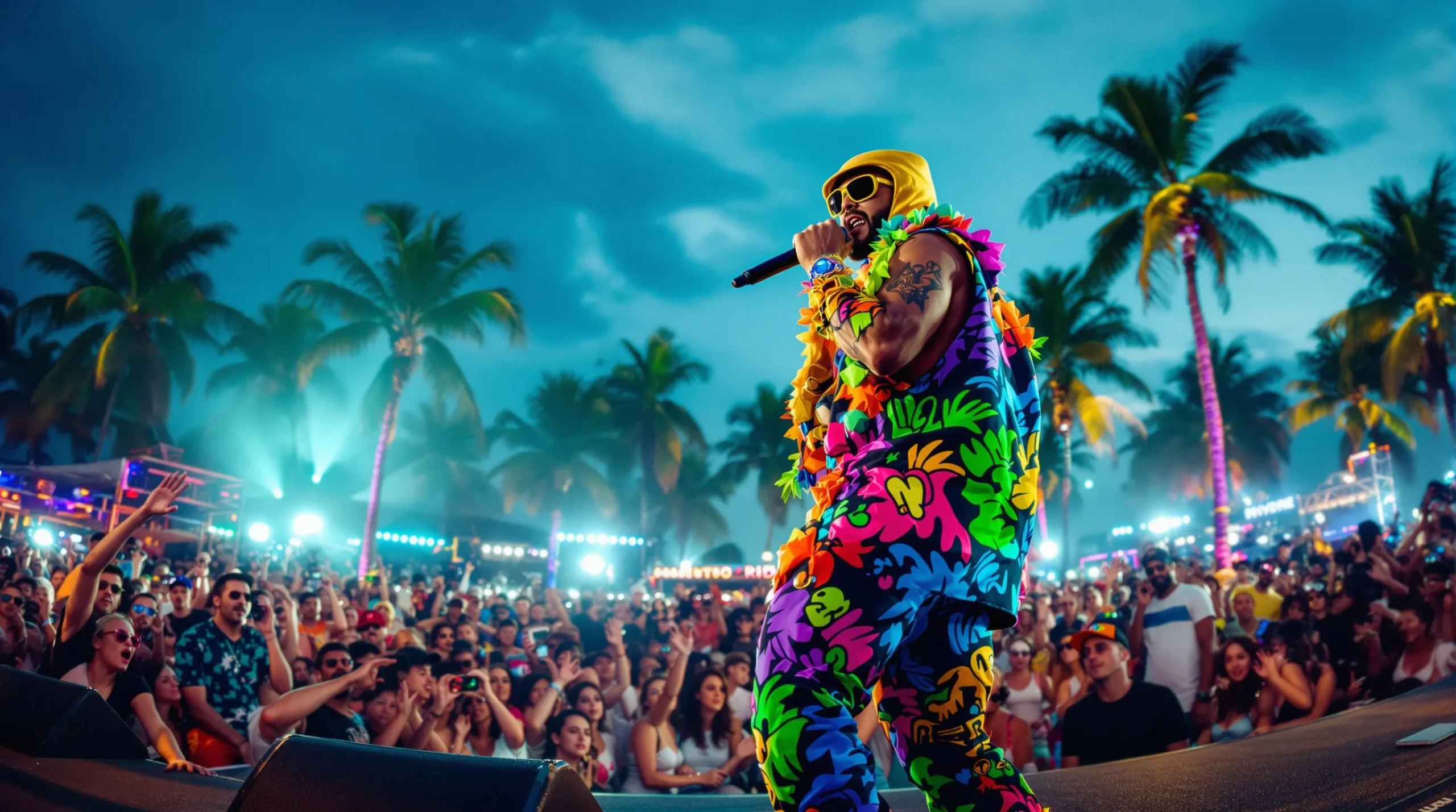 Colorful performer entertaining lively crowd outdoors.