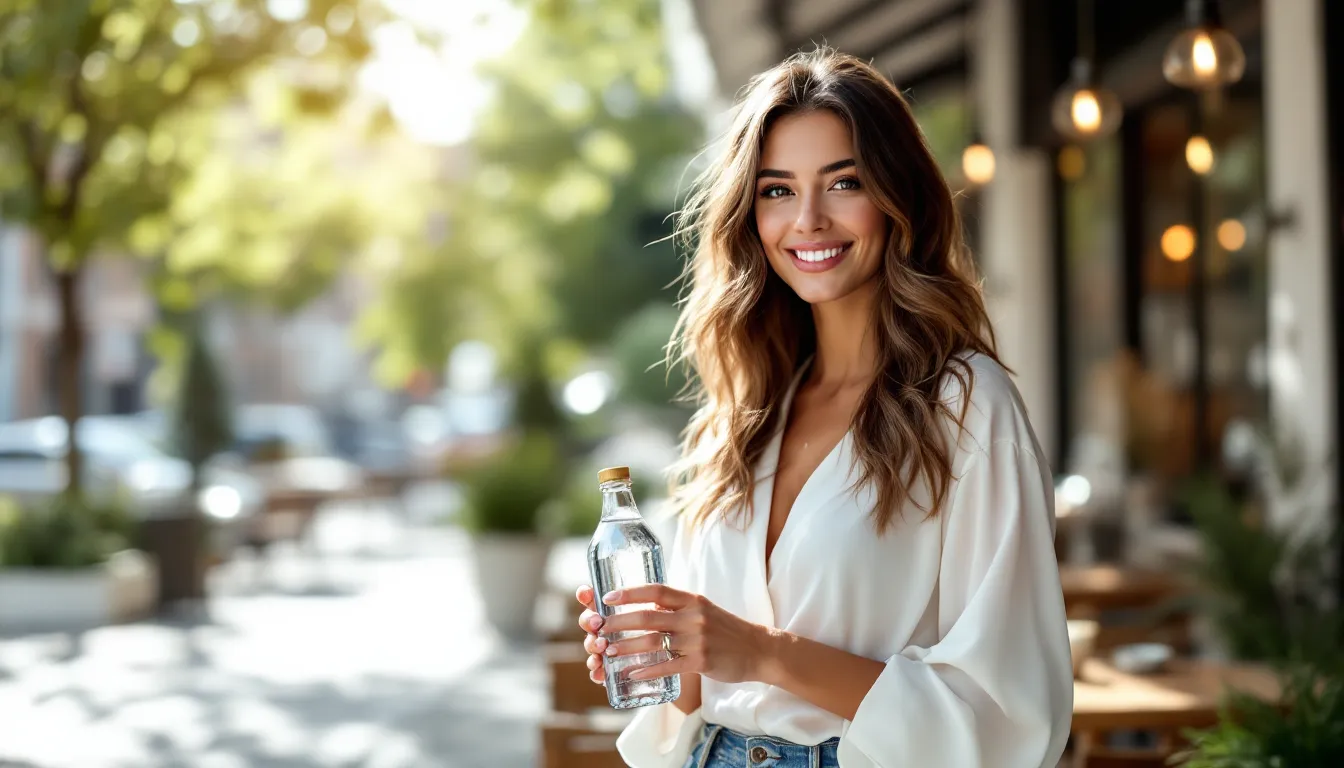 Smiling person holding a water bottle outdoors.