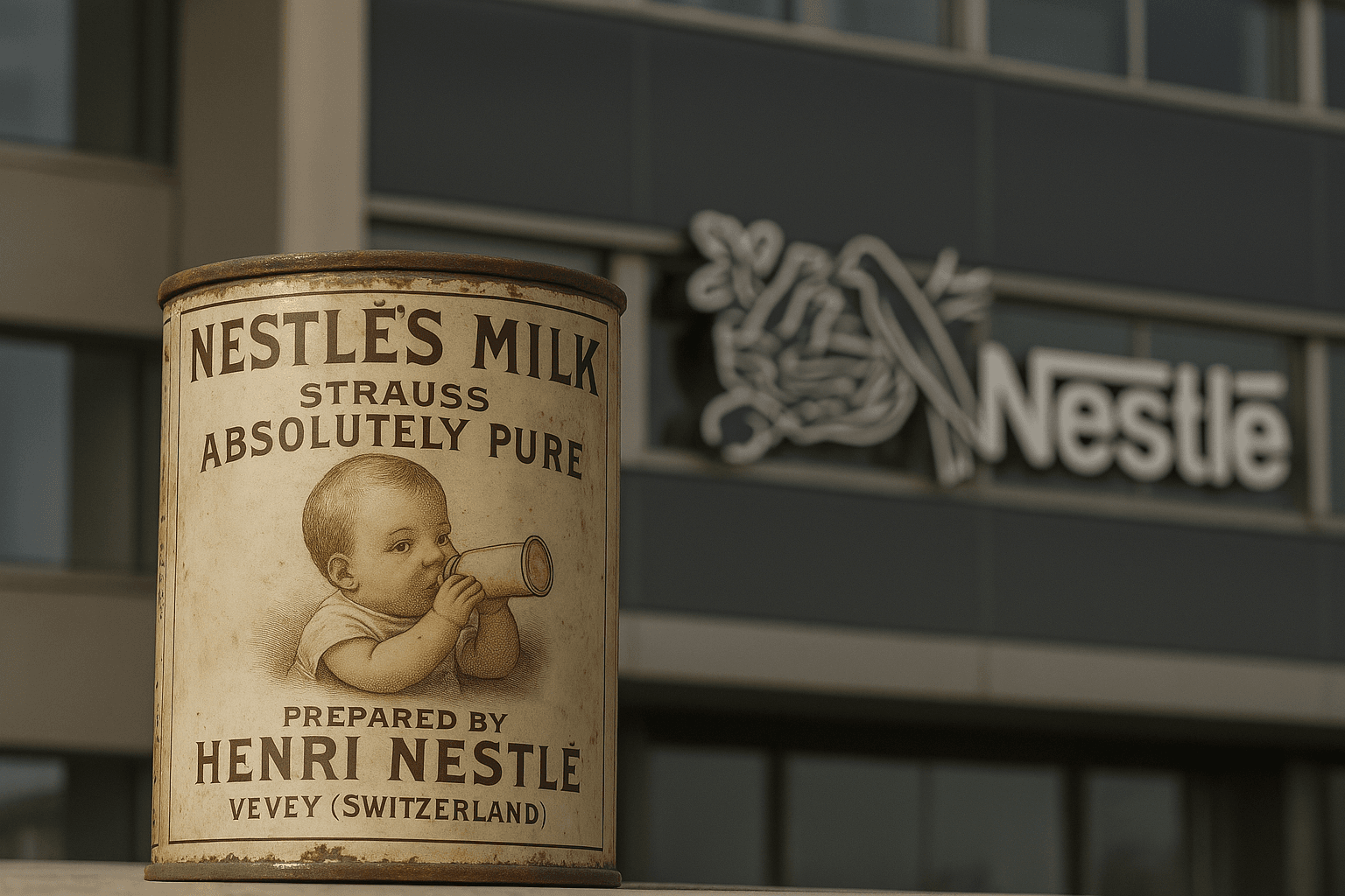 Vintage Nestlé milk can with factory background