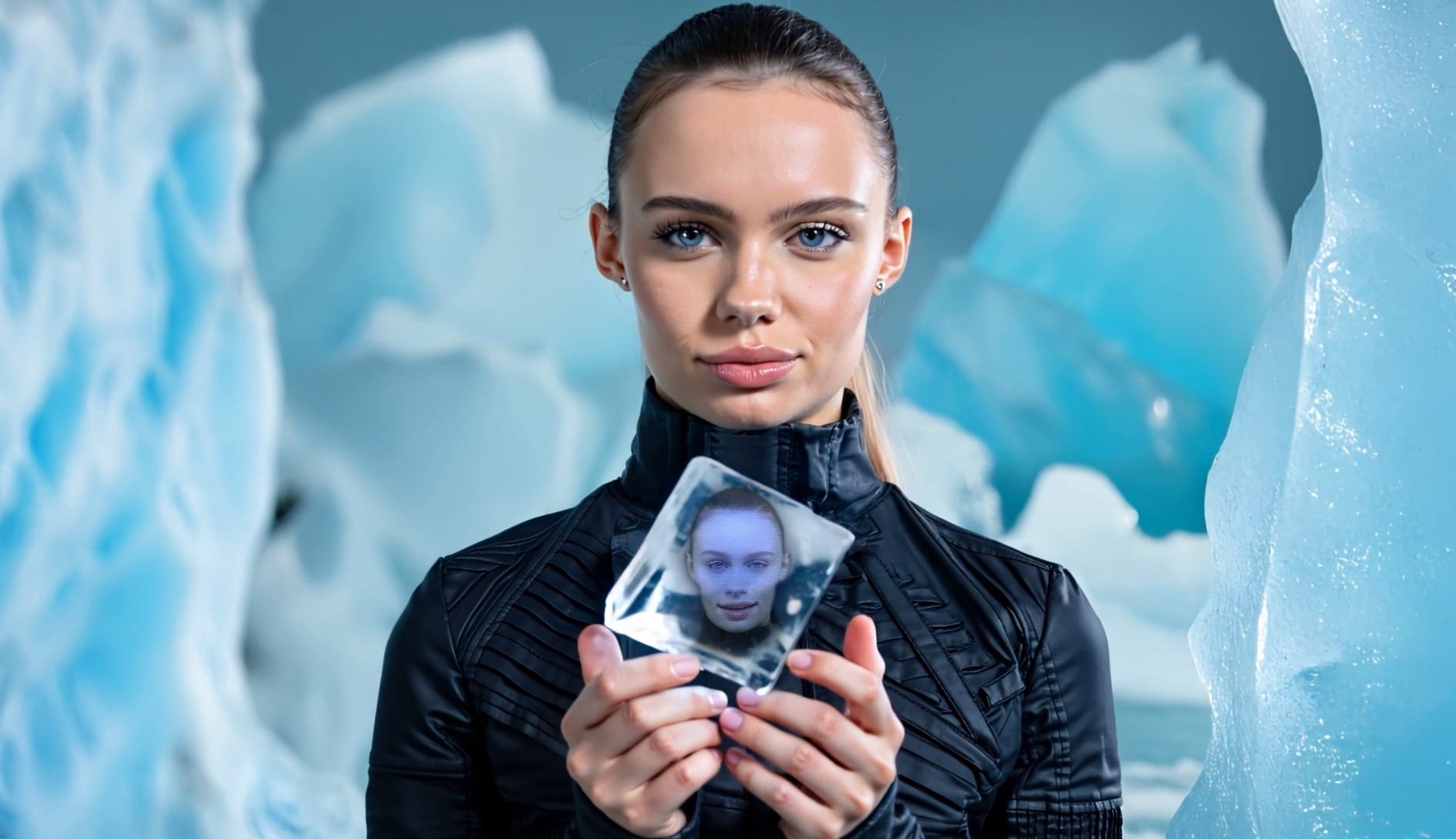 Woman holding ice cube with face reflection