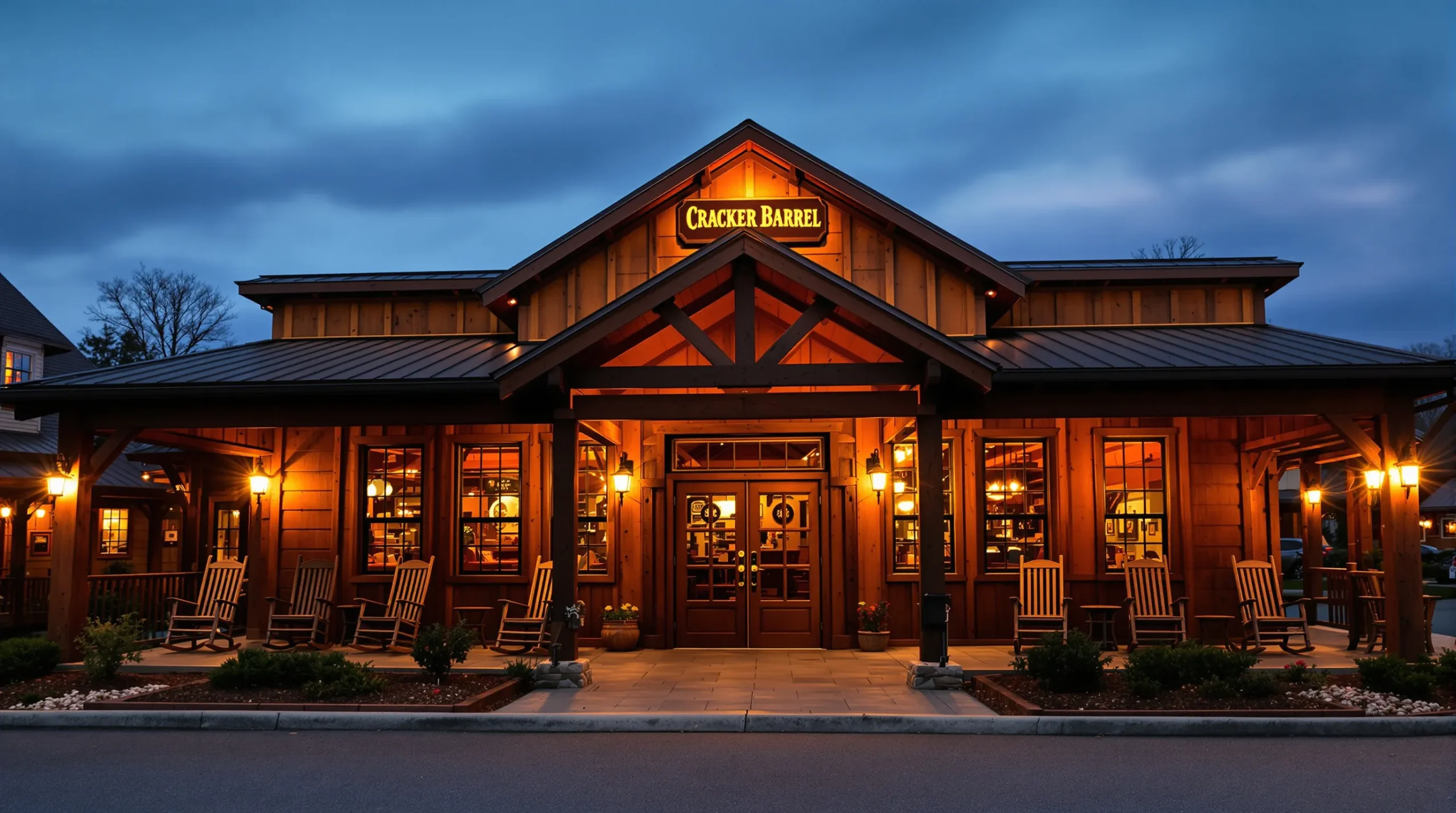Cozy restaurant exterior with illuminated entrance.