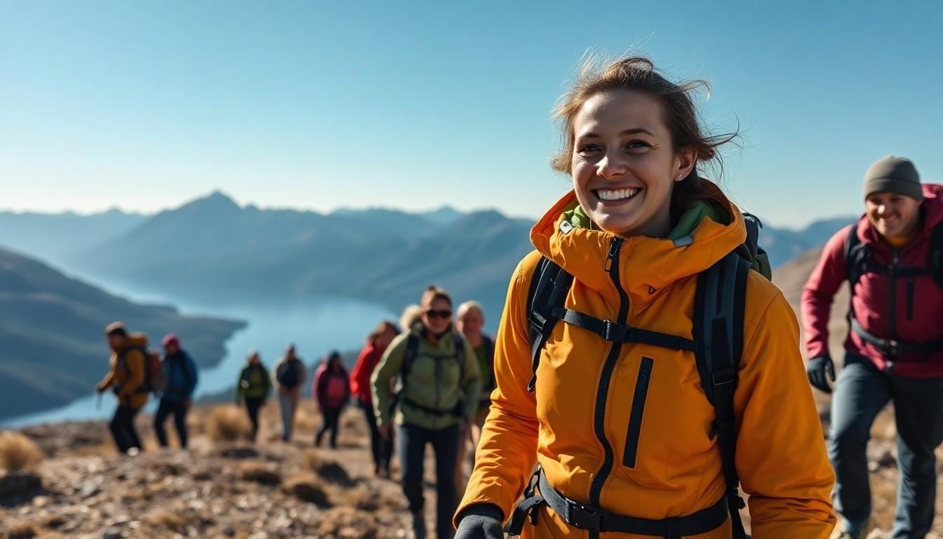 Group hiking on mountain trail with lake view