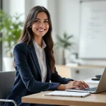 Smiling professional working on laptop at office desk.