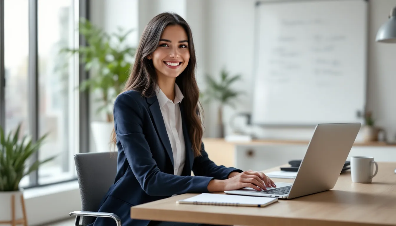 Smiling professional working on laptop at office desk.