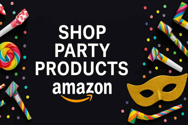 Shop party supplies on Amazon, colorful decorations.