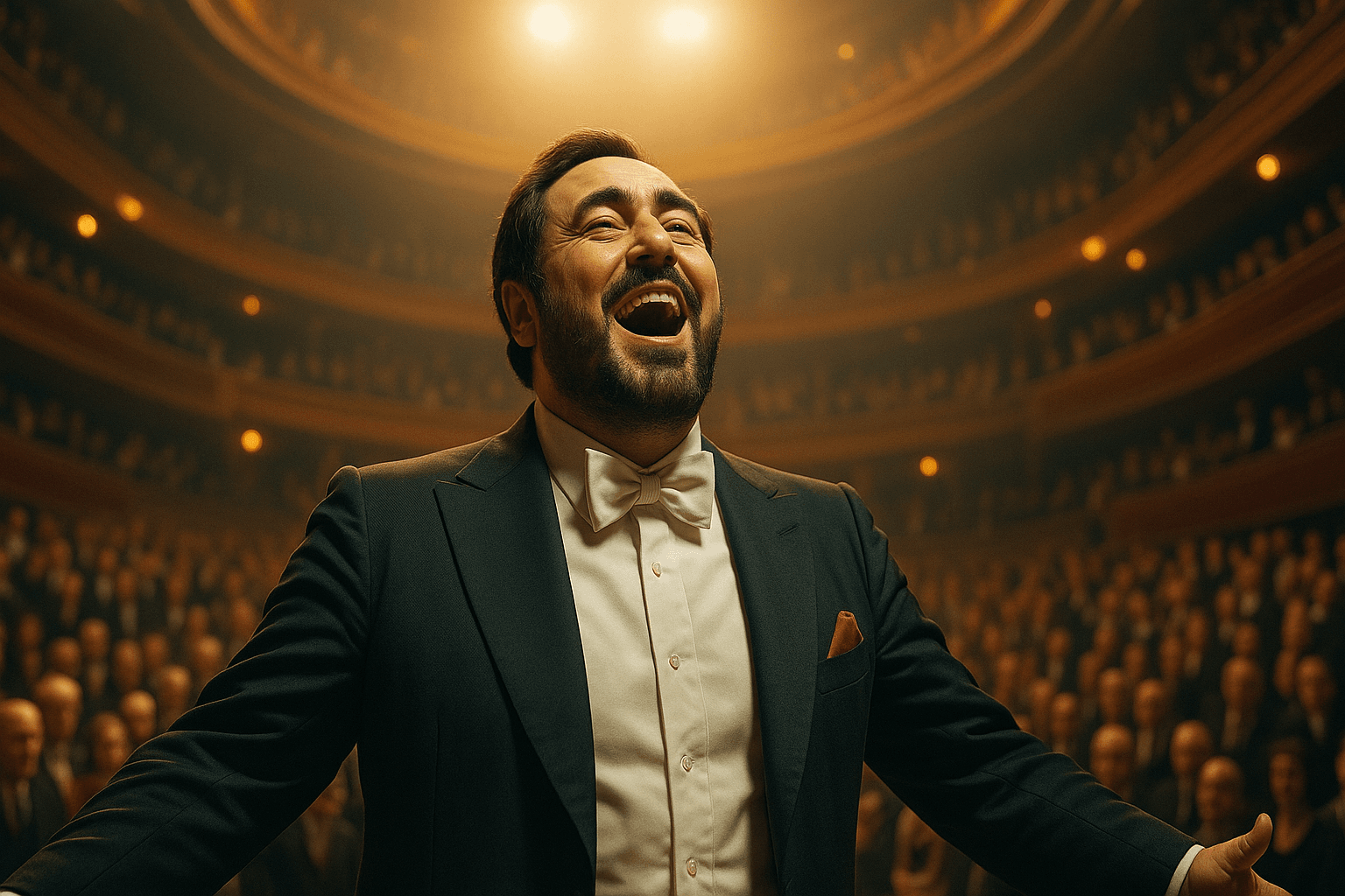 Man joyfully singing on stage in theater.