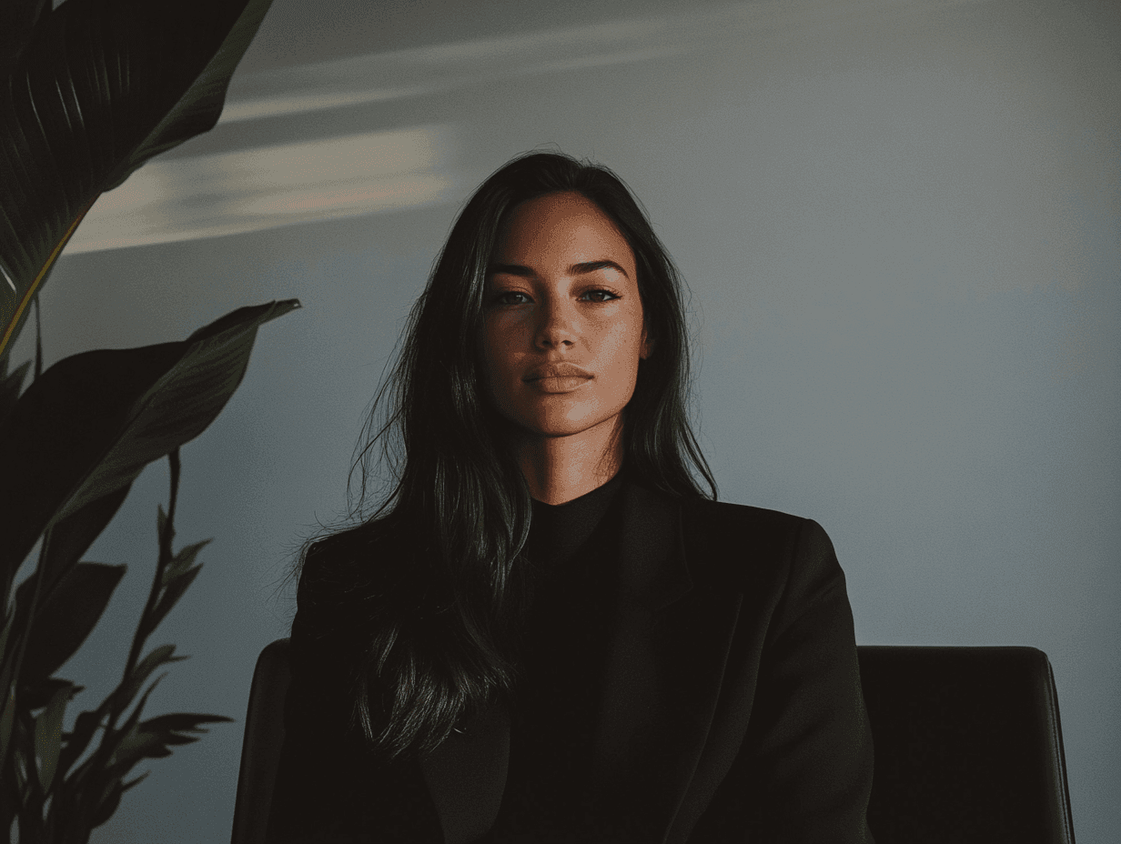 Woman in black coat sitting, plant nearby.