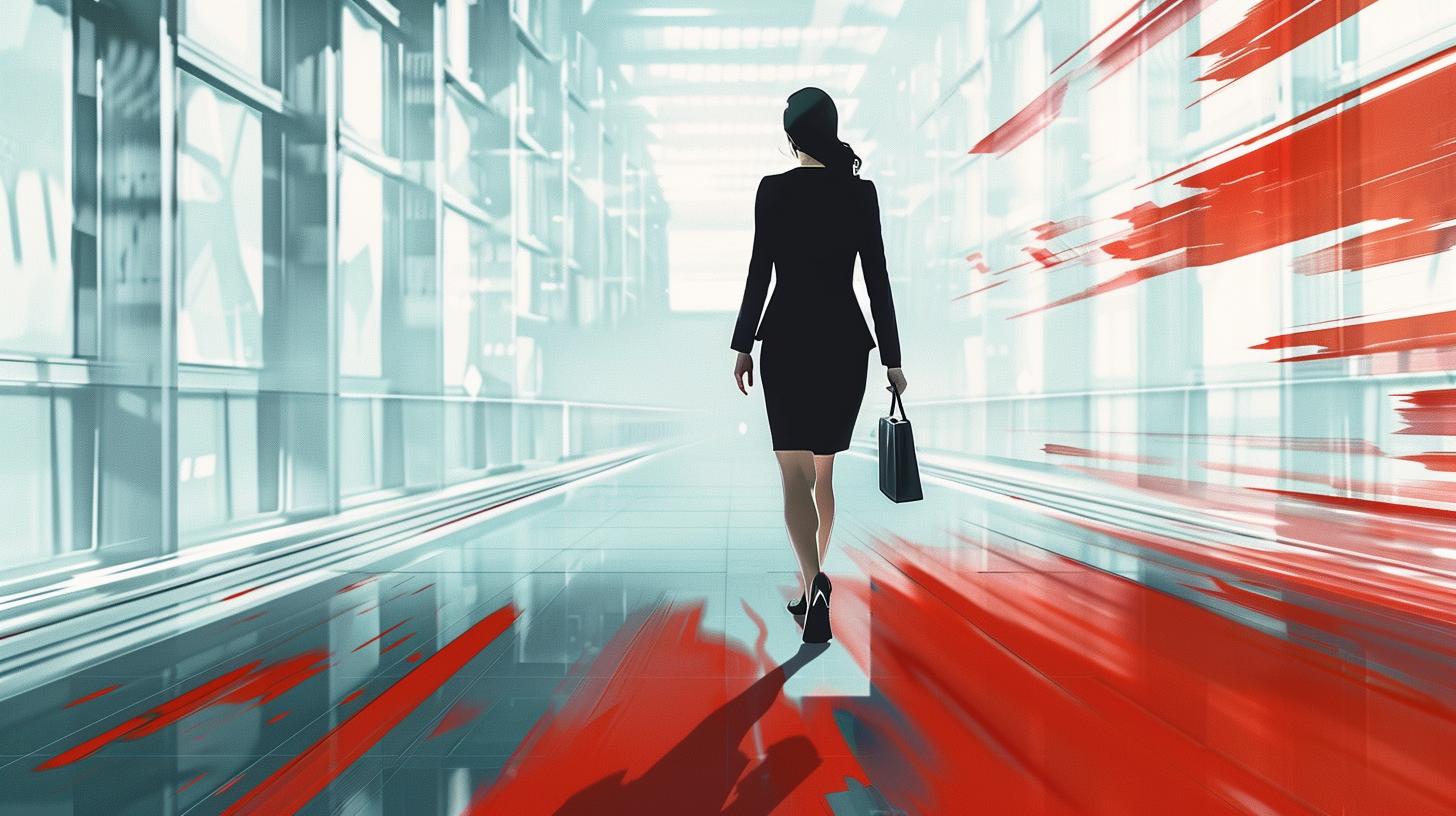 Businesswoman walking confidently through futuristic corridor.