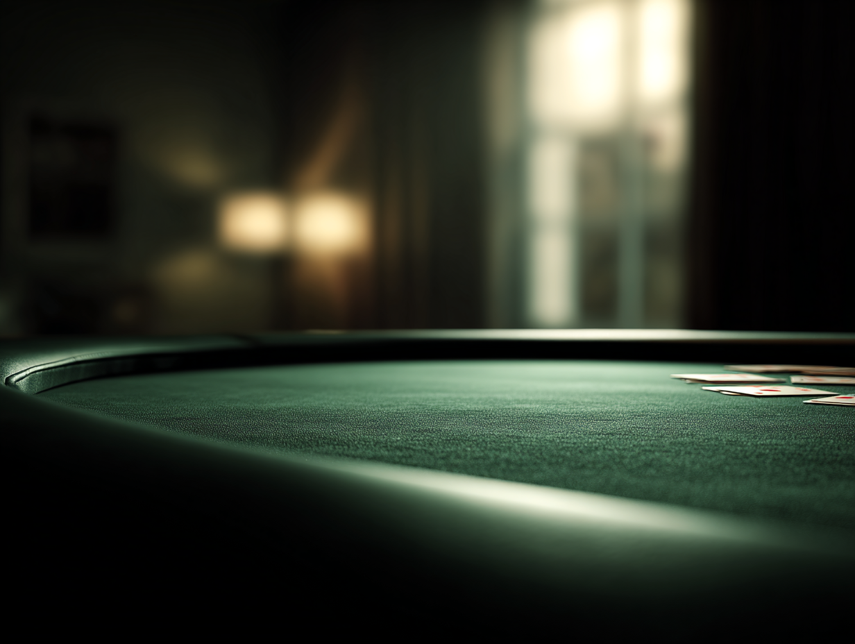 Empty poker table in a dimly lit room.