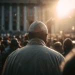 Clergy in white robes facing crowd in sunlight.