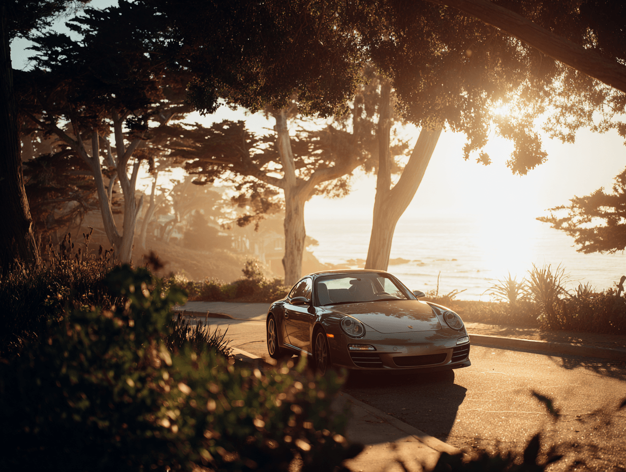 Sports car parked by ocean at sunset