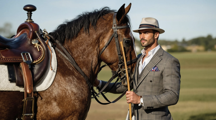 Man in suit with horse and saddle.