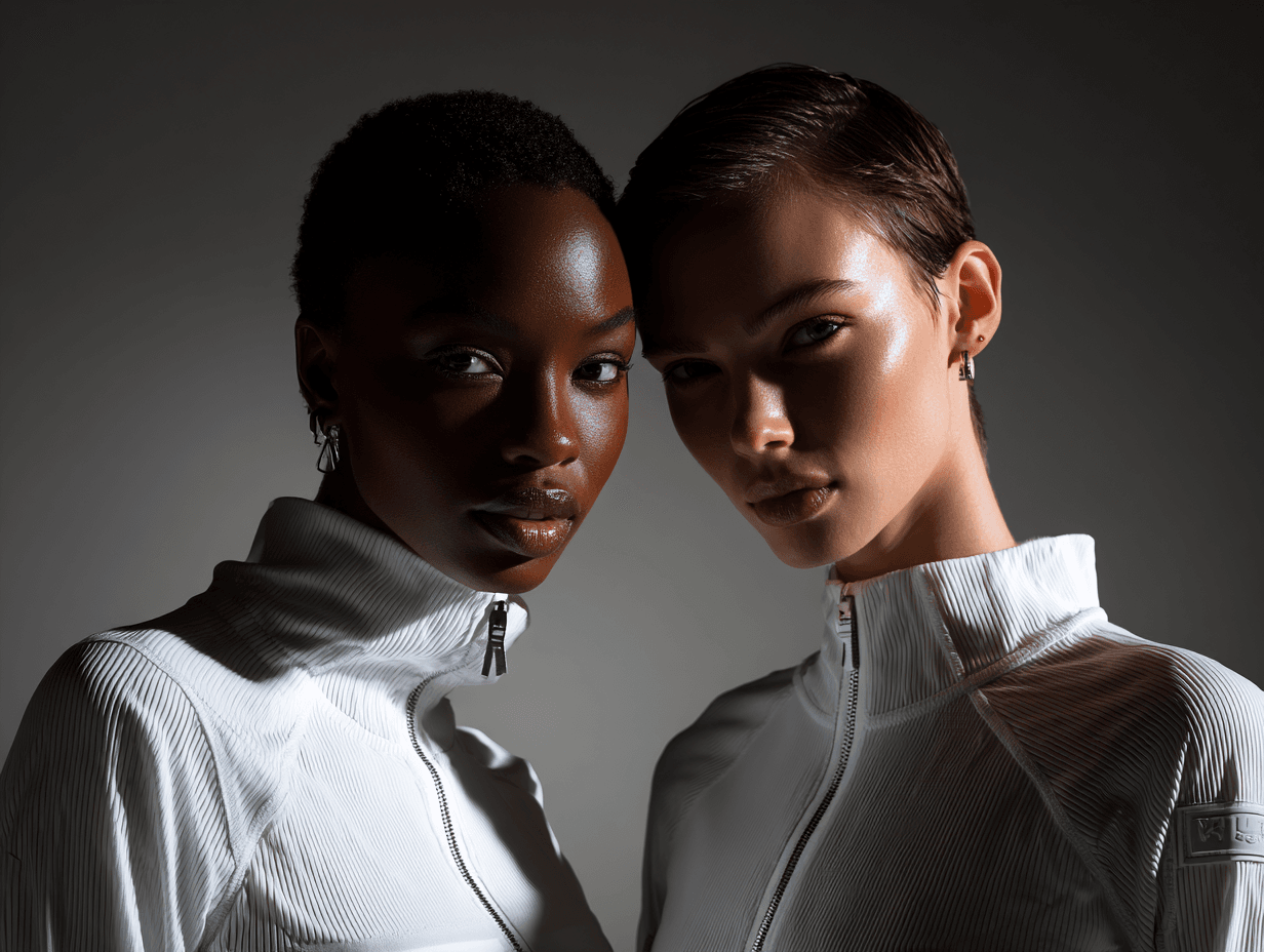Two models in white jackets with earrings.