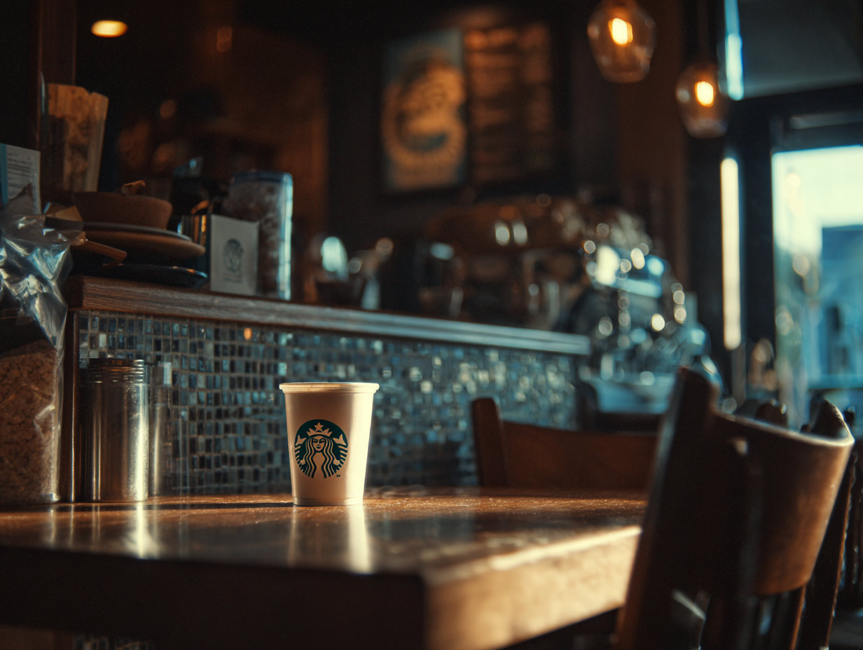 Coffee cup on wooden cafe table at sunset.
