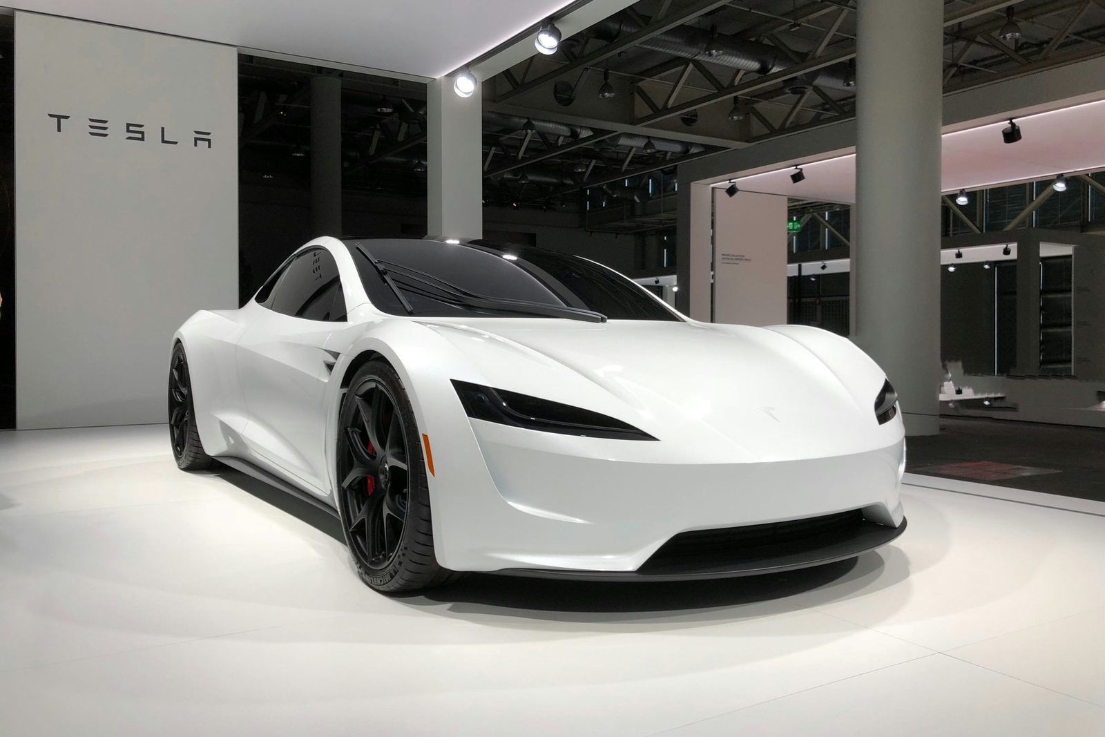 White Tesla sports car on display