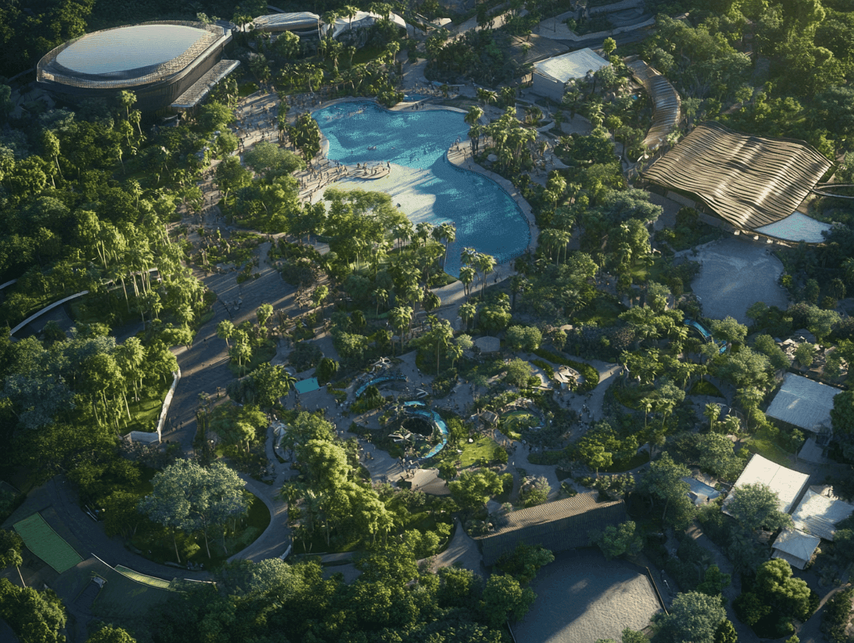 Lush forest park with water features, aerial view.