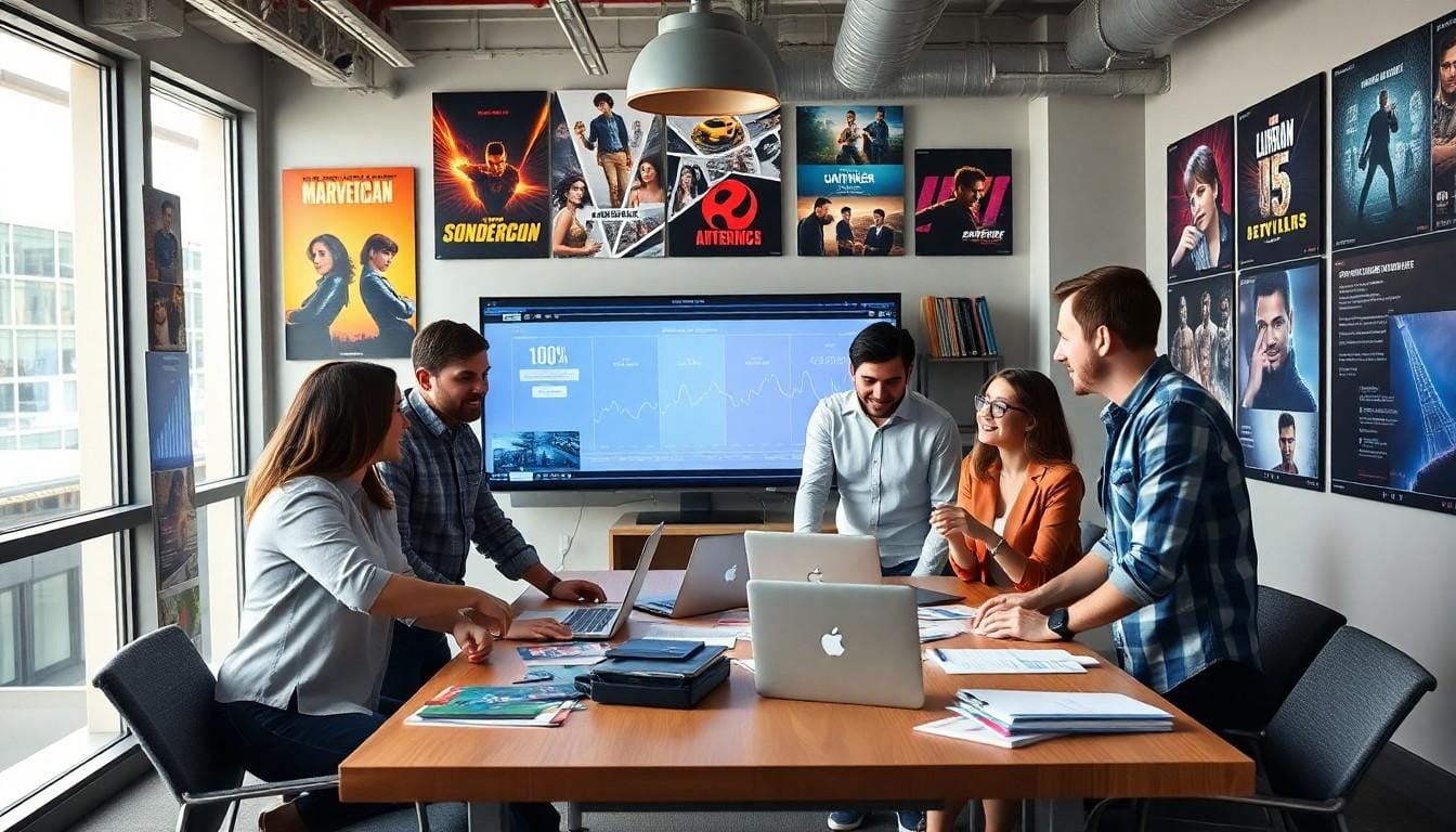 Team meeting in modern office with movie posters.