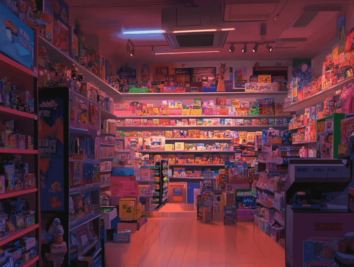 Colorful toy store shelves filled with boxes.