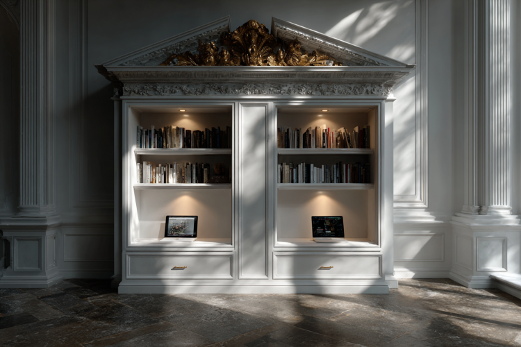 Elegant library shelves with books and glowing lighting.