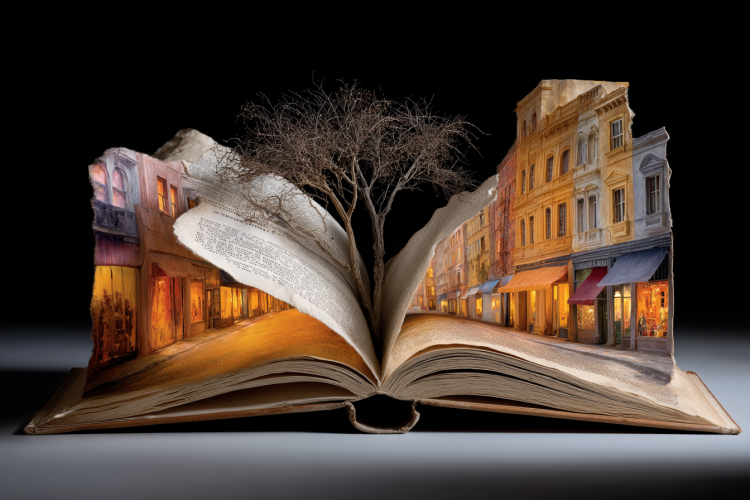Open book with tree and street scene inside